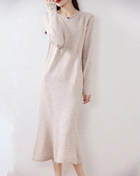 Wool Round-Neck Rolled-Hem Mermaid Long Dress