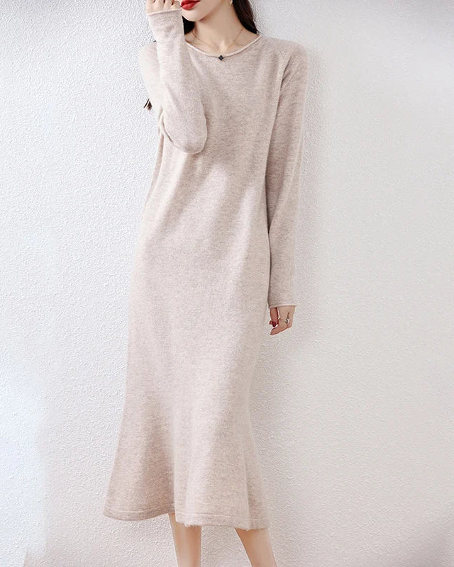 Wool Round-Neck Rolled-Hem Mermaid Long Dress