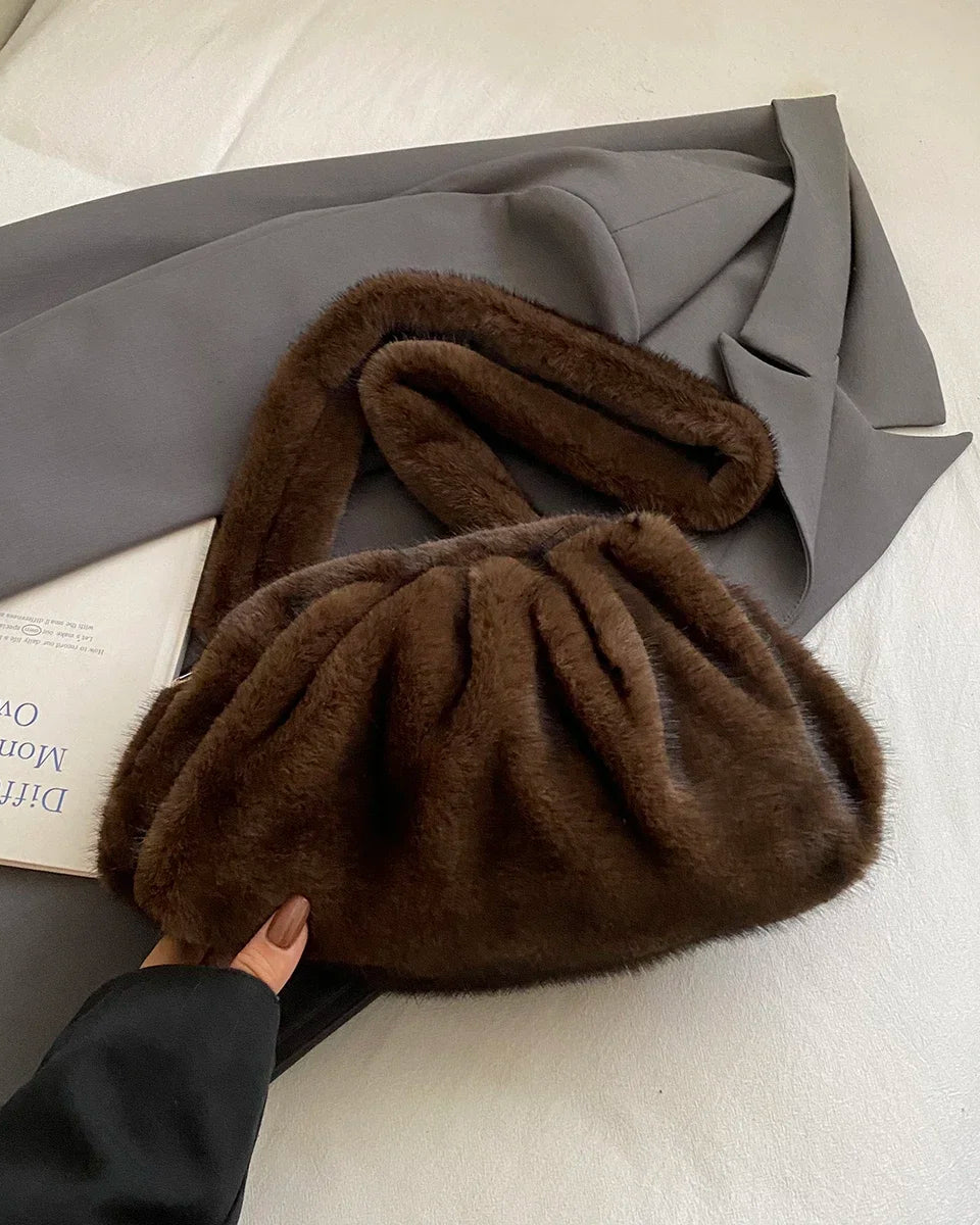 Ruched Faux Fur Cloud Shoulder Bag