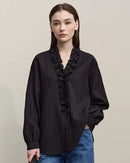 Ruffled V-Neck Long-Sleeved Loose-Fitting Shirt