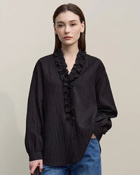 Ruffled V-Neck Long-Sleeved Loose-Fitting Shirt