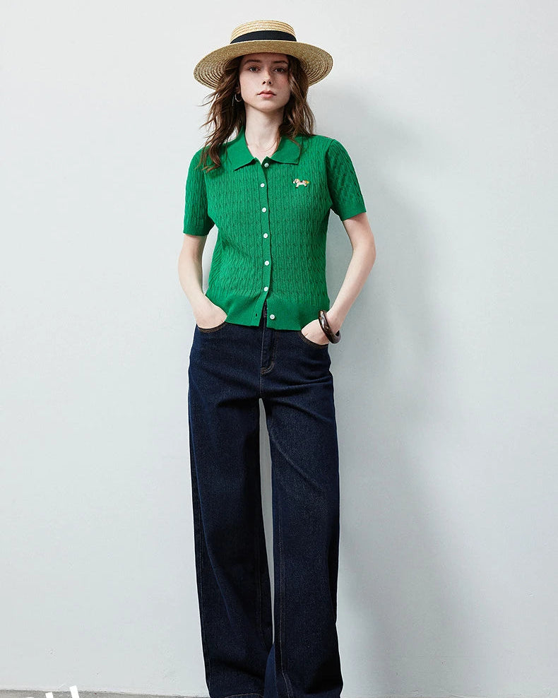 Ice Silk Cable Knit Polo Top