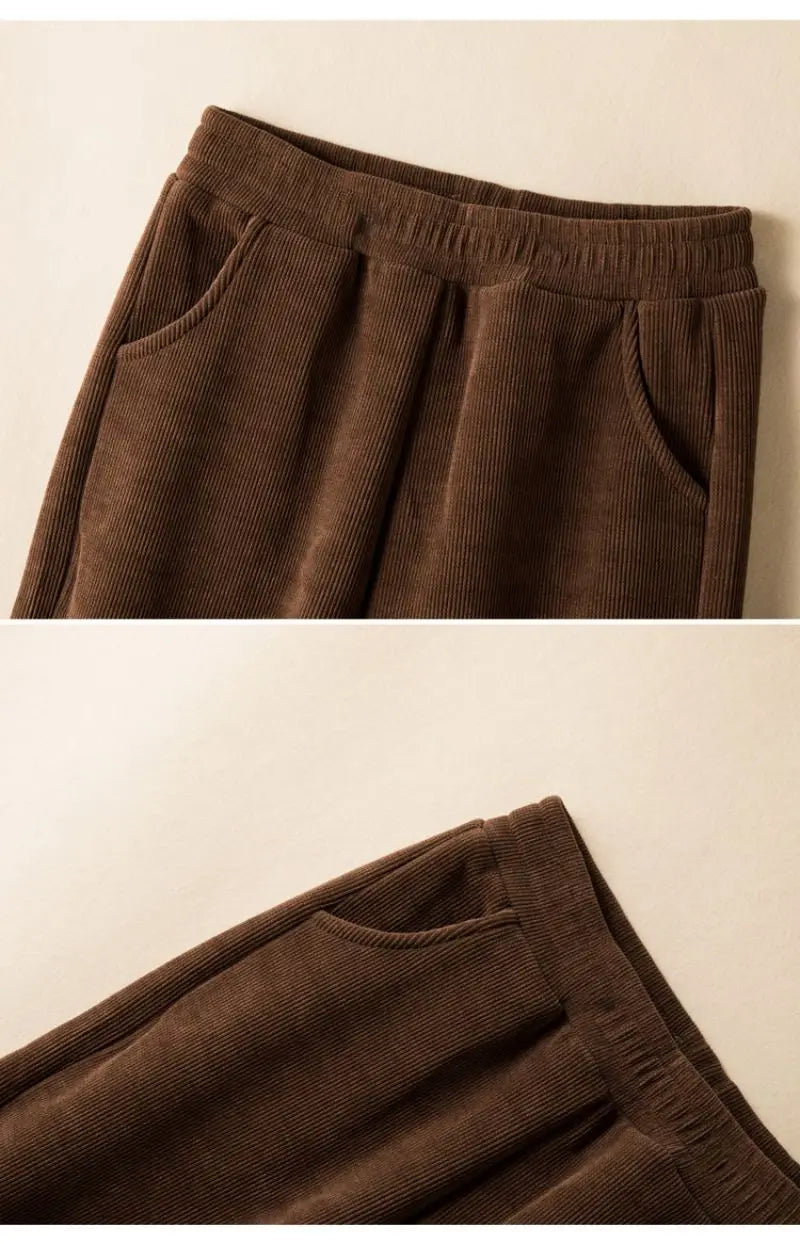Elastic Waist Corduroy Fleece Wide leg Pants