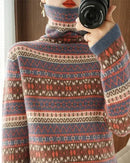 Wool Colour Block Turtleneck Loose Knit Pullover