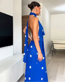 Polka Dot Swinging Collar Backless Maxi Dress