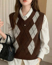Bring subtle pattern into everyday dressing through this plaid wool sweater vest. A clean V neckline and sleeveless silhouette make layering feel uncomplicated.