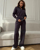 Zip-Up Cropped Knit Cardigan & Drawstring Wide-Leg Trousers Set