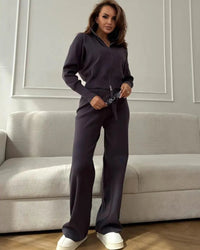 Zip-Up Cropped Knit Cardigan & Drawstring Wide-Leg Trousers Set