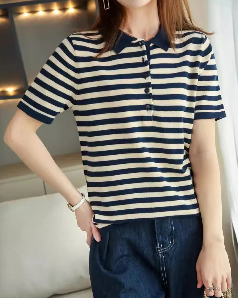 Cotton Striped Short-Sleeve Polo T-Shirt