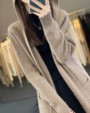 100% Merino Wool Hooded Loose Mid-Long Open Cardigan Coat