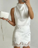 Satin High Neck Lace Trim Irregular Hem Vest Top