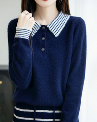 Striped-Collar Wool Polo Sweater