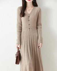 Merino Wool V-Neck Knit Midi Dress