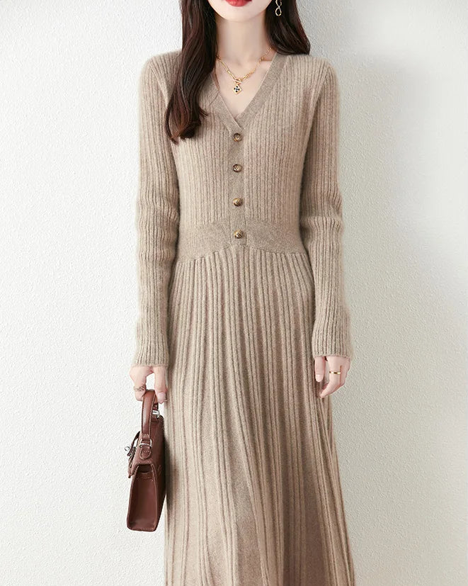 Merino Wool V-Neck Knit Midi Dress