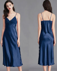 Mid-calf satin slip nightgown with lace trim and V-neckline. Smooth, sleeveless sleepwear for women in extended sizes — elegant comfort for every season.