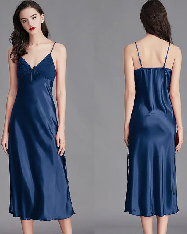 Lace-Trim Satin Mid-Length Slip Nightgown