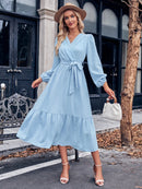 V-Neck Long Sleeve Tied Waist Dress