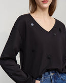 Long-Sleeved V-Neck Loose-Fitting Pullover T-Shirt