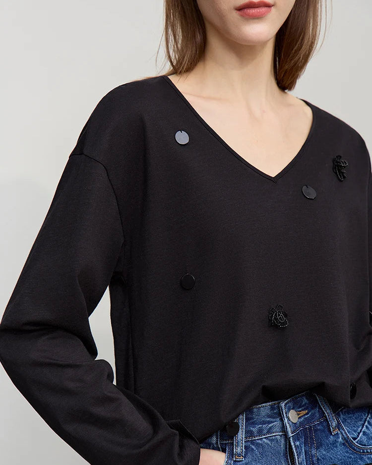 Long-Sleeved V-Neck Loose-Fitting Pullover T-Shirt