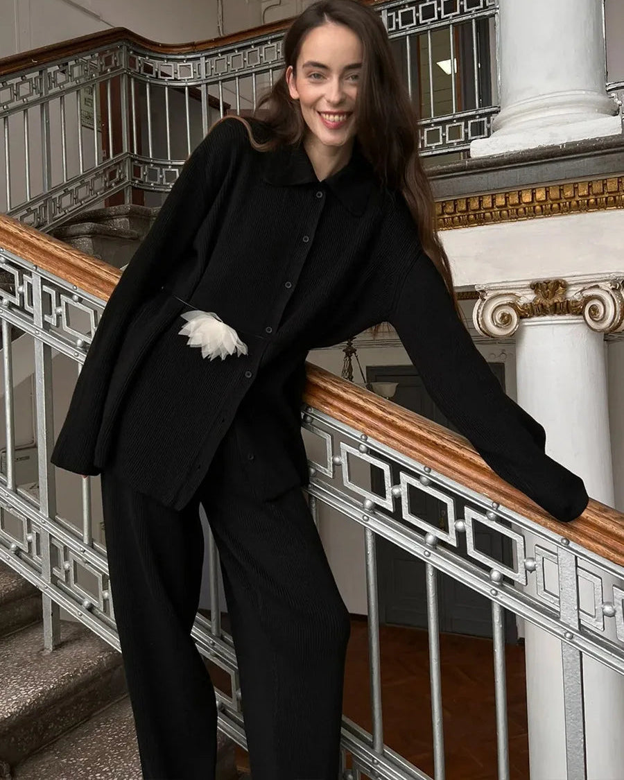 Loose Knit Cardigan & Elastic Waist Trousers Set