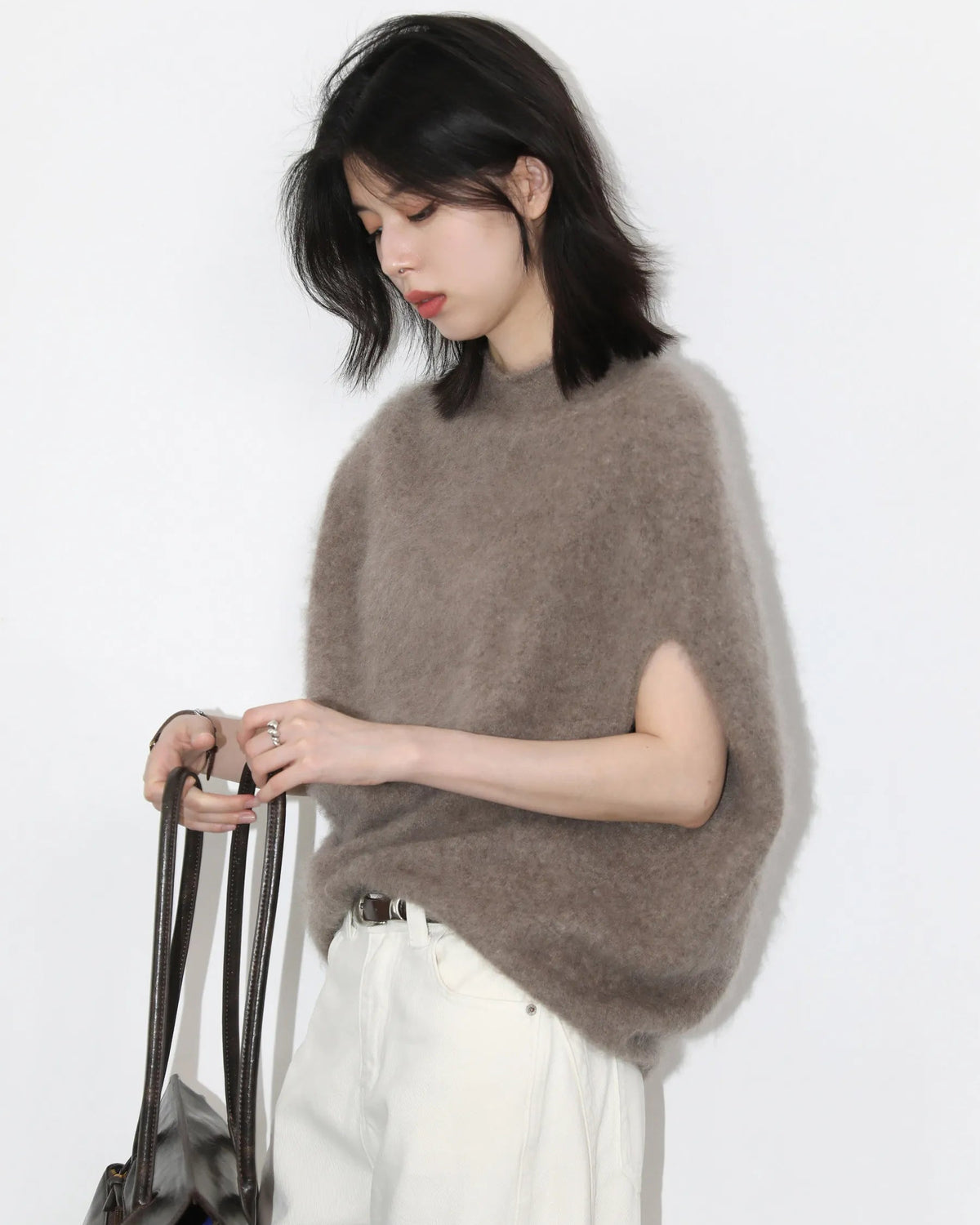 Wool Cashmere Turtleneck Sleeveless Loose Knit Sweater