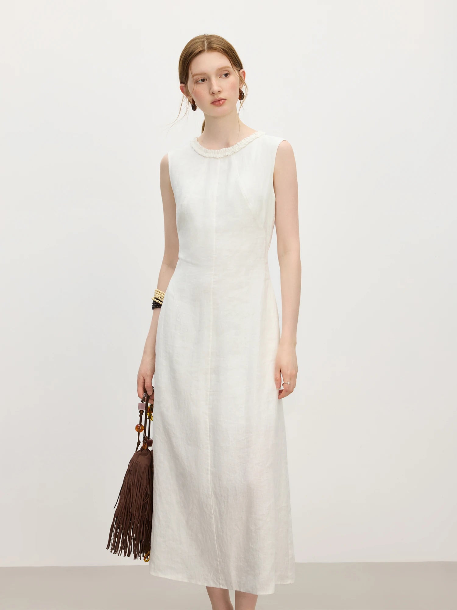 Wood Ear Edge Linen Round Neck Sleeveless Dress