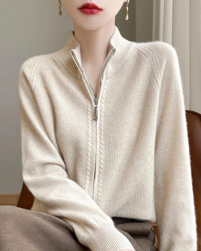 Wool Stand Collar Zip Cardigan