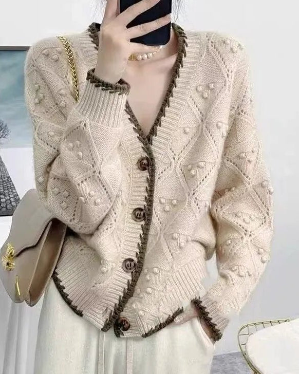 Color Block Crocheted 100% Cashmere Knit Cardigan