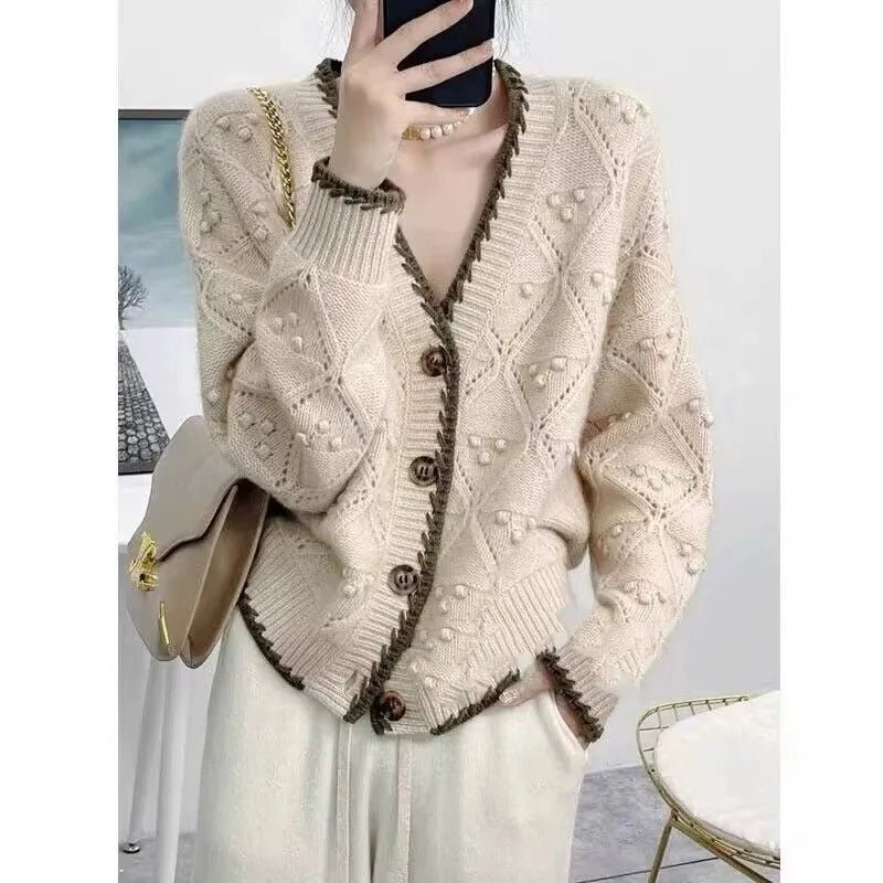 Color Block Crocheted 100% Cashmere Knit Cardigan