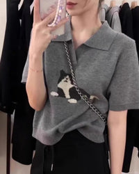 Cat-Pattern Collared Wool Knit Top