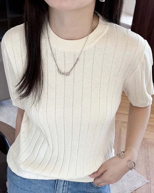 Ribbed Cotton Knit Short Sleeve Tee