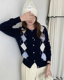 Argyle Wool Knit Cropped Cardigan