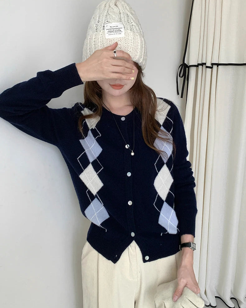 Argyle Wool Knit Cropped Cardigan