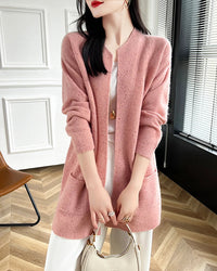 Merino Wool Dot Long Open-Front Cardigan
