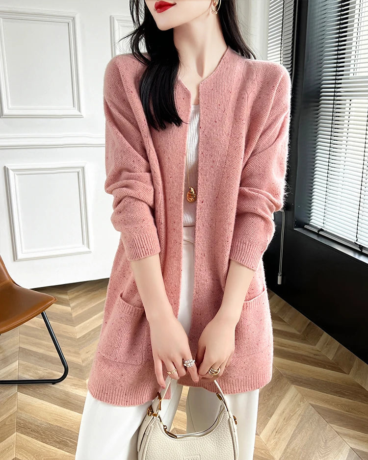 Merino Wool Dot Long Open-Front Cardigan