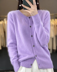 Mink Cashmere Crew Neck Cardigan Sweater