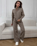 Zip-Up Cropped Knit Cardigan & Drawstring Wide-Leg Trousers Set