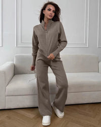 Zip-Up Cropped Knit Cardigan & Drawstring Wide-Leg Trousers Set