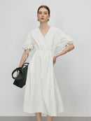 V-Neck Bubble Sleeve Linen Dress