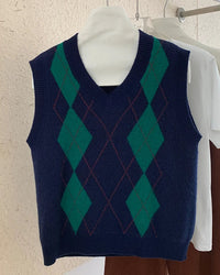 Plaid Wool V Neck Sweater Vest