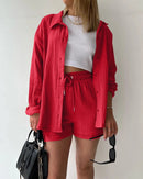 Stand Collar Long Sleeve Top & High Waist Shorts Set