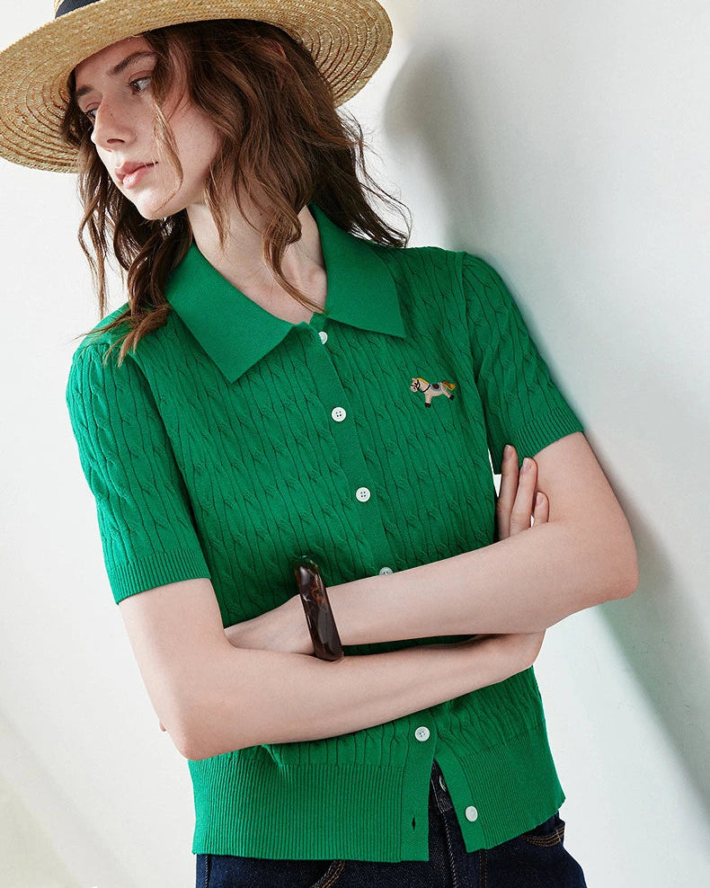 Ice Silk Cable Knit Polo Top