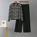 O Neck Buttons Stripe Knit Loose Sweater Sets
