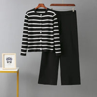 O Neck Buttons Stripe Knit Loose Sweater Sets