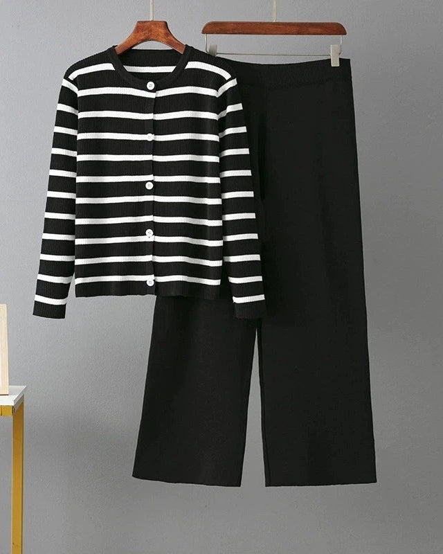 O Neck Buttons Stripe Knit Loose Sweater Sets