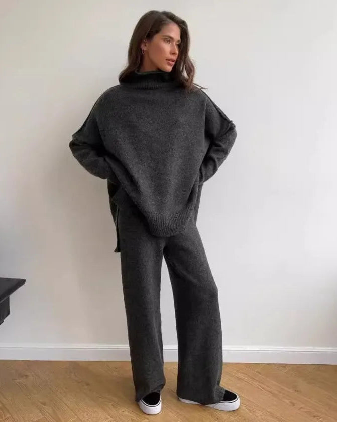 Turtleneck Slit Knit Top & Ankle Trouser Set