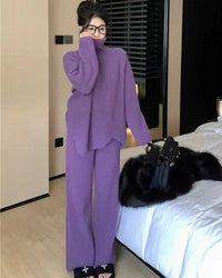 Turtleneck Knit Sweater & Wide-Leg Pants Two-Piece Set