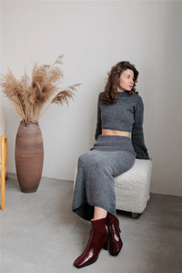 Slash Neck Sweater & Skinny Midi Dress Knitted TrackSuit