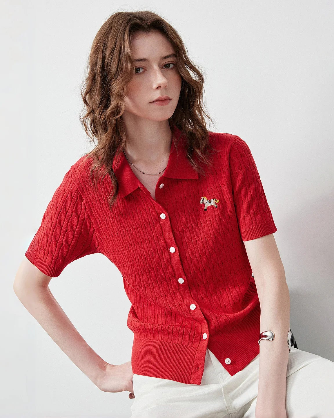 Ice Silk Cable Knit Polo Top