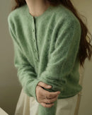 Merino Wool Solid O-Neck Brushed Slim Knit Cardigan